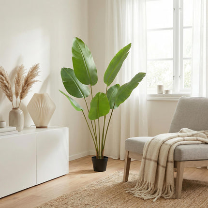 Kunstpflanze Strelitzia Nicolai 135cm – künstliche Paradiesvogelpflanze – realistische XXL – Blätter & tropische Optik – pflegeleichte Grün
