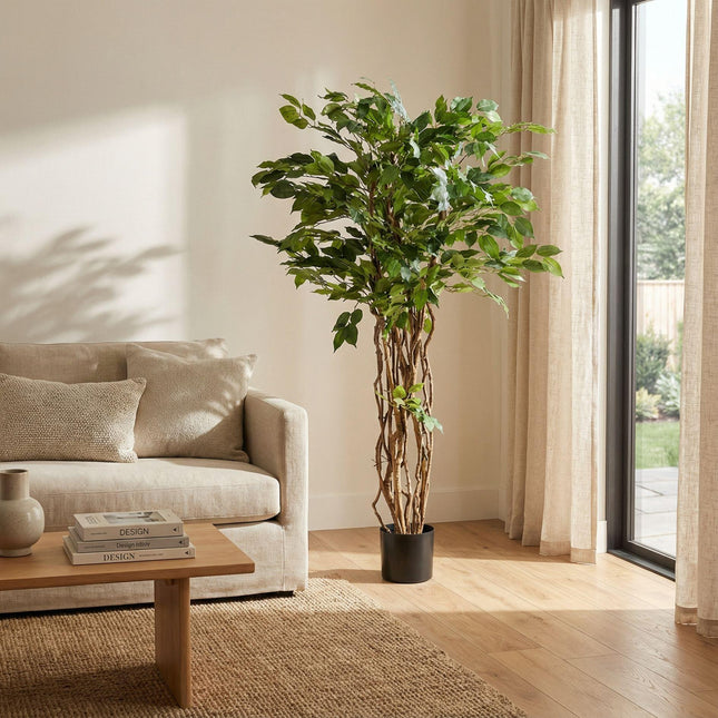 Ficus Liana Kunstbaum – 140cm – künstliche Pflanze mit realistischer Blattstruktur – Pflegefreier Deko Baum für Wohnzimmer Büro & Empfangsbereich