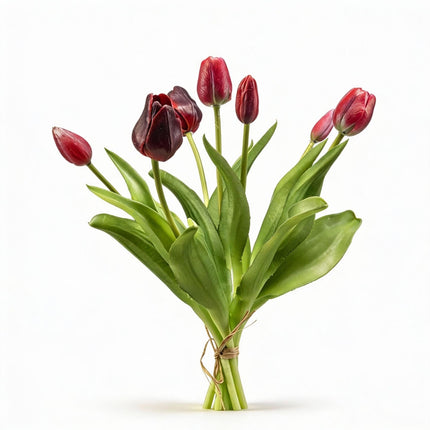 Tulpenstrauß Dunkelrot Real Touch Kunsttulpen – 7 Stiele – 42cm – Kunstblumenstrauß in Bordeaux – Optik