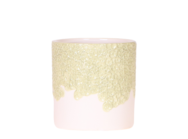 Ziertopf Bloom Green Ø9cm – Dekotopf in sanftem Grün mit Blütenrelief am Rand – kleiner Übertopf für Zimmerpflanzen, Ableger & Kräuter