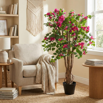Kunstpflanze Bougainvillea 120cm – künstliche Bougainville im Topf – blühender Deko – Baum mit realistischer Blütenoptik – pflegeleichte Grün