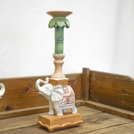 Kerzenständer Elefant Rosa/Grün – Polyresin – 34,5cm – Exotische Deko für Tisch, Sideboard & Fensterbank