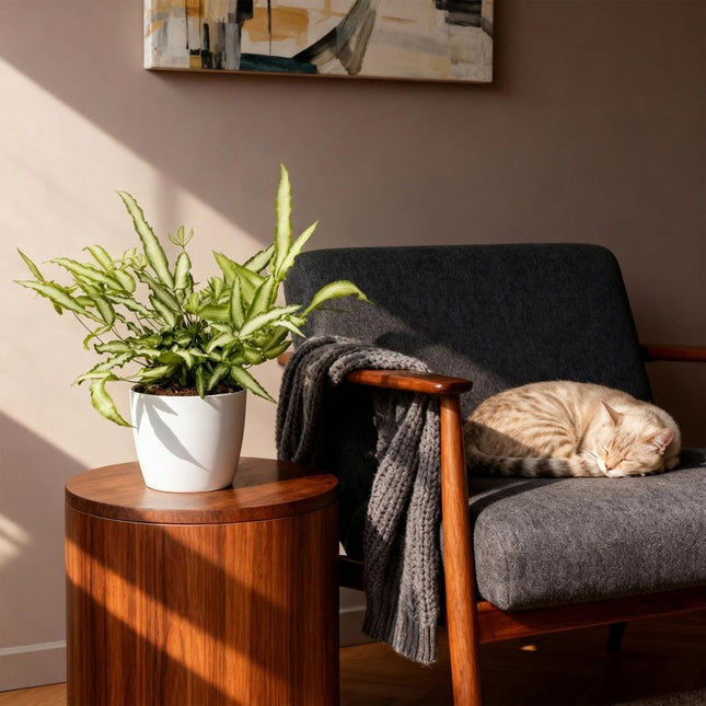 Pteris Cretica Albolineata Schwertfarn Zimmerpflanze mit weißem Topf Ø12cm Höhe 20cm Haustierfreundliche Grünpflanze pflegeleicht für Zimmer & Büro
