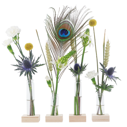 Briefkastenblumen Flower Fest – BloomParty mit 4 Vasen & Ständer – Blumengeschenk inkl. Pfauenfeder – Frische & Festliche Überraschung