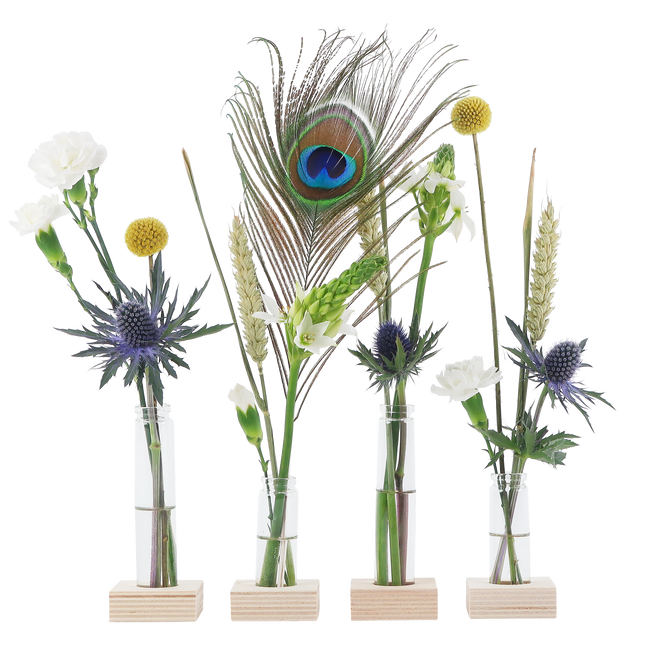 Briefkastenblumen Flower Fest – BloomParty mit 4 Vasen & Ständer – Blumengeschenk inkl. Pfauenfeder – Frische & Festliche Überraschung