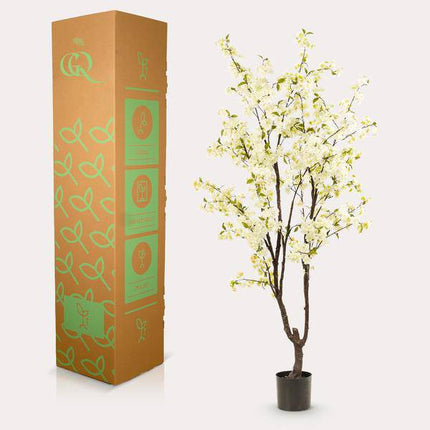 Künstliche Kirschblüte Prunus – Weiß – ca. 210cm hoch – Realistische Deko-Kunstpflanze – Wartungsfrei – Für Wohnzimmer, Büro & Eingangsbereich