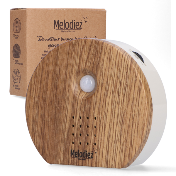 Melodiez Musikbox – Melody Nature Box aus dunklem Holz – Soundbox mit Vogelgezwitscher, Meeresrauschen & Dschungelklängen – Mit Bewegungsmelder – Entspannung & Wohlfühlatmosphäre