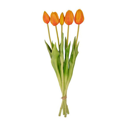 Orangefarbener Tulpenstrauß – 5 künstliche Tulpen – 42 cm – Real Touch – Frühlingsdeko & Wohnaccessoire