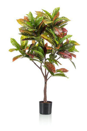 Kunstpflanze Croton Codiaeum – Wunderstrauch – 120cm – Hochwertige künstliche Pflanze mit bunt gefärbten Blättern & Holzstamm – Immergrüne Dekopflanze für Wohnzimmer, Büro & Innenräume – Pflegefrei & langlebig