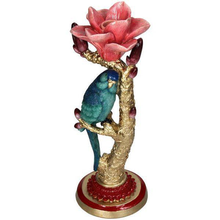 Kerzenständer aus Kunststein – Vogel & Blume – Kerzenhalter Polyresin – 27cm – Dekorativer Kerzenständer mit blauem Vogel und roter Rose