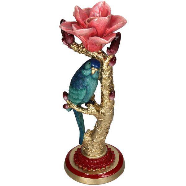 Kerzenständer aus Kunststein – Vogel & Blume – Kerzenhalter Polyresin – 27cm – Dekorativer Kerzenständer mit blauem Vogel und roter Rose