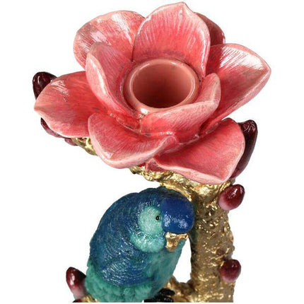 Kerzenständer aus Kunststein – Vogel & Blume – Kerzenhalter Polyresin – 27cm – Dekorativer Kerzenständer mit blauem Vogel und roter Rose