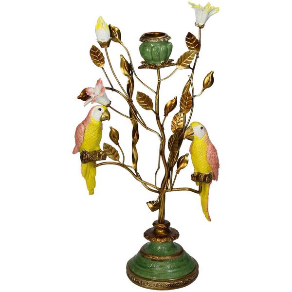 Kerzenständer Blätter mit Vögeln – Bronzeton – Deko für Innen & Außen – ↑33cm – Naturinspirierter Metall – Polyresin – Mix – Bunte Vögel auf Zweigen