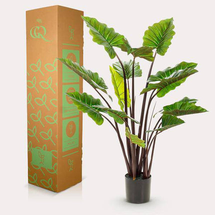 Kunstpflanze – Colocasia Pink China – Elefantenohr – 130cm hoch – Realistische XL – Deko-Pflanze mit rosa Stielen & großen grünen Blättern