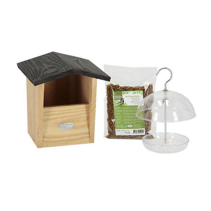 Vogelhaus Set für Rotkehlchen – Nistkasten & Futterhäuschen mit getrockneten Mehlwürmern – Gartenzubehör Geschenkbox – 39,2 x 22,2 x 24,4 cm – Lebensraum für Rotkehlchen, Grauschnäpper & Halsbandschnäpper