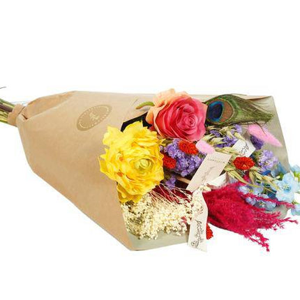 Getrocknete Blumen & Seide – Sommerfest – 4 Blumenträuße – Höhe ca. 55cm – Farbige Trockenblumen & Seidenblumen – Langlebige Deko