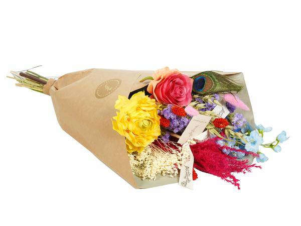 Getrocknete Blumen & Seide – Sommerfest – 4 Blumenträuße – Höhe ca. 55cm – Farbige Trockenblumen & Seidenblumen – Langlebige Deko