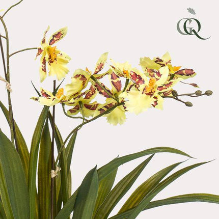 Künstliche Pflanze Orchidee – Gelb – Braun – 45cm – Täuschend echte Kunstorchidee im Topf – Dekoblume für Wohnzimmer, Schlafzimmer, Küche & Büro