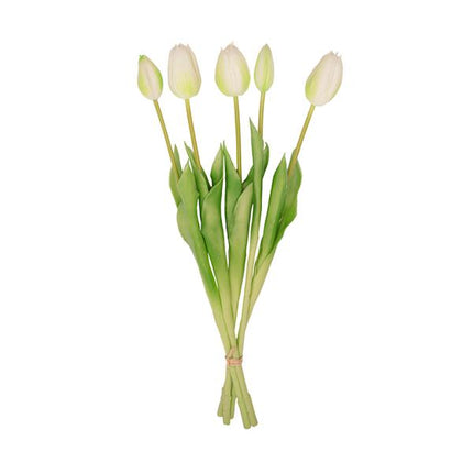 Tulpenstrauß Weiß/Grün – 5 Kunsttulpen – 42 cm – Real Touch – Fröhliche & langlebige Wohnraumdekoration