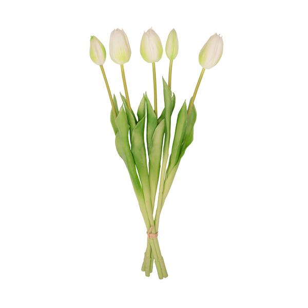 Tulpenstrauß Weiß/Grün – 5 Kunsttulpen – 42 cm – Real Touch – Fröhliche & langlebige Wohnraumdekoration
