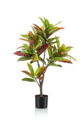 Kunstpflanze Croton Codiaeum – Wunderstrauch – 95cm – Hochwertige künstliche Pflanze mit bunt gefärbten Blättern & Holzstamm – Immergrüne Dekopflanze für Wohnzimmer, Büro & Innenräume – Pflegefrei & langlebig