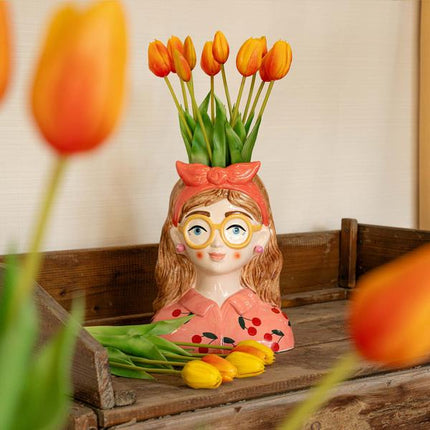 Vase Jessie Strik + Kunst Tulpen Orange 10 Kunsttulpen – Steingutvase 27cm – Dekoration für Wohnzimmer, Tisch & Flur