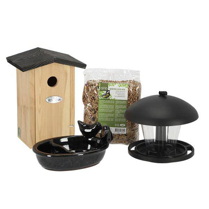 Vogelhaus Set – Komplett-Set mit Nistkasten, Futterstelle, Vogeltränke & Winterfutter – Für Blaumeisen & andere Gartenvögel – In Geschenkbox – Gartenzubehör