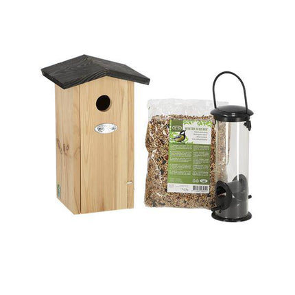 Vogelhaus Set – Nistkasten, Futterspender & Winterfutter – Für Kohlmeise, Sperling & Blaumeise – Komplett-Set im Geschenkpaket – Gartenzubehör