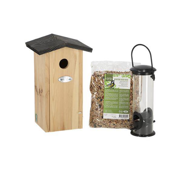 Vogelhaus Set – Nistkasten, Futterspender & Winterfutter – Für Kohlmeise, Sperling & Blaumeise – Komplett-Set im Geschenkpaket – Gartenzubehör
