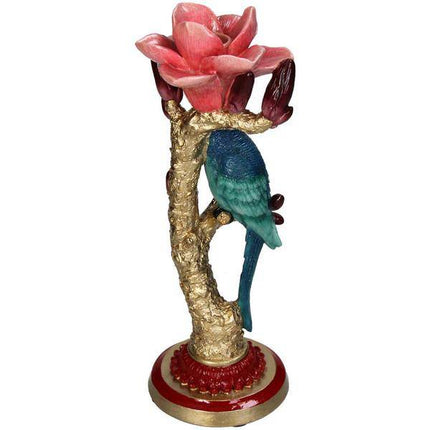 Kerzenständer aus Kunststein – Vogel & Blume – Kerzenhalter Polyresin – 27cm – Dekorativer Kerzenständer mit blauem Vogel und roter Rose