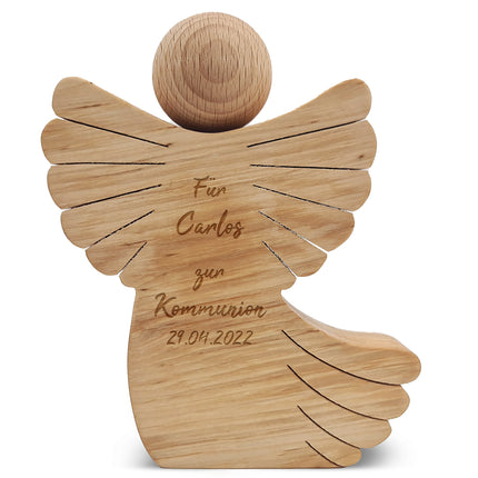 SEO. Tischdekoration aus Holz - gravierter Engel - Personalisiert mit Namen & Datum - Kommunion Linkreich