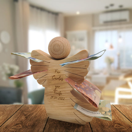 SEO. Tischdekoration aus Holz - gravierter Engel - Personalisiert mit Namen & Datum - Taufe Linkreich
