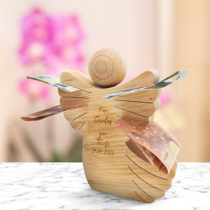 SEO. Tischdekoration aus Holz - gravierter Engel - Personalisiert mit Namen & Datum - Taufe Linkreich