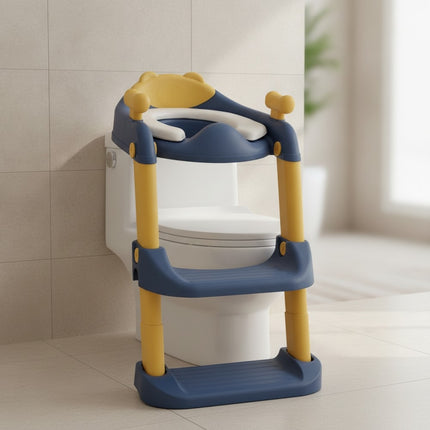 Toilettentrainer Kinder mit Treppe, Sitzaufsatz und Haltegriffen, Kunststoff, Blau-Gelb-Weiß