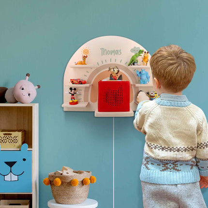 SEO. Toniebox Regal für Kinderzimmer - Regenbogen Pastell - Personalisiert mit Namen - Pastell Rot Linkreich