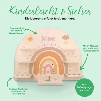 SEO. Toniebox Regal für Kinderzimmer - Regenbogen Pastell - Personalisiert mit Namen - Pastell Rot Linkreich
