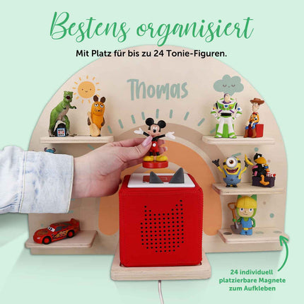 SEO. Toniebox Regal für Kinderzimmer - Regenbogen Pastell - Personalisiert mit Namen - Pastell Rot Linkreich