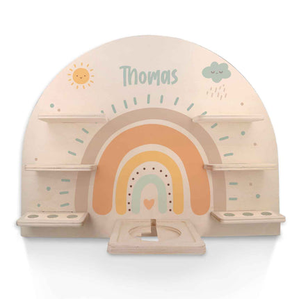 SEO. Toniebox Regal für Kinderzimmer - Regenbogen Pastell - Personalisiert mit Namen - Pastell Blau Linkreich