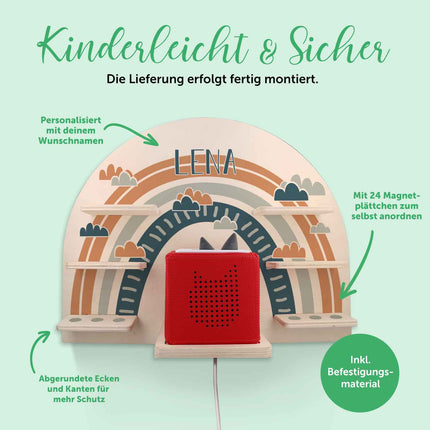 SEO. Toniebox Regal für Kinderzimmer - Regenbogen - Personalisiert mit Namen - Blau Linkreich