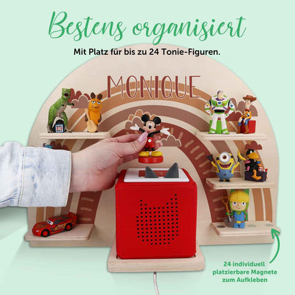 SEO. Toniebox Regal für Kinderzimmer - Regenbogen - Personalisiert mit Namen - Rot Linkreich