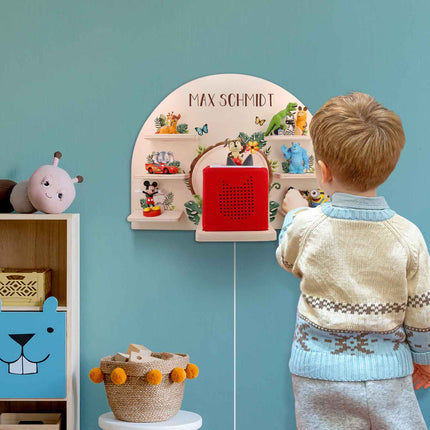 SEO. Toniebox Regal für Kinderzimmer - Tiergruppe Safari - Personalisiert mit Namen - Linkreich