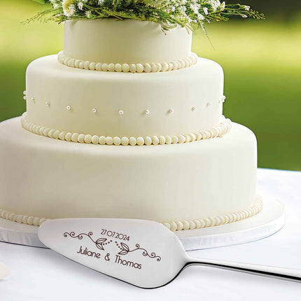 SEO. Tortenbesteck im Set - Blumenranke - Mit persönlicher Gravur als Geschenk zur Hochzeit - Silber Linkreich