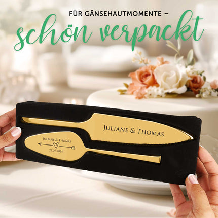 SEO. Tortenbesteck im Set - Blumenranke - Mit persönlicher Gravur als Geschenk zur Hochzeit - Gold Linkreich