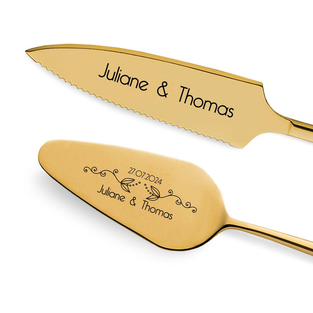 SEO. Tortenbesteck im Set - Blumenranke - Mit persönlicher Gravur als Geschenk zur Hochzeit - Gold Linkreich