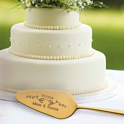SEO. Tortenbesteck im Set - Blumenranke - Mit persönlicher Gravur als Geschenk zur Hochzeit - Gold Linkreich
