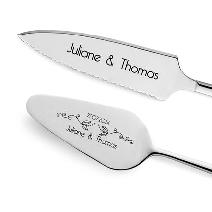 SEO. Tortenbesteck im Set - Blumenranke - Mit persönlicher Gravur als Geschenk zur Hochzeit - Silber Linkreich