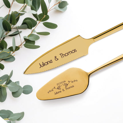 SEO. Tortenbesteck im Set - Blumenranke - Mit persönlicher Gravur als Geschenk zur Hochzeit - Gold Linkreich