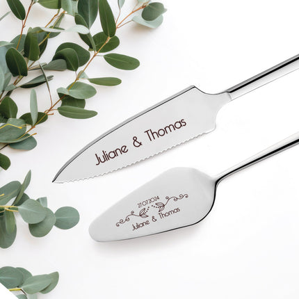 SEO. Tortenbesteck im Set - Blumenranke - Mit persönlicher Gravur als Geschenk zur Hochzeit - Silber Linkreich