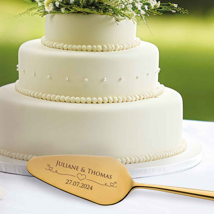 SEO. Tortenbesteck im Set - Herzen - Mit persönlicher Gravur als Geschenk zur Hochzeit - Gold Linkreich