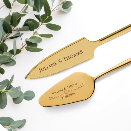 SEO. Tortenbesteck im Set - Herzen - Mit persönlicher Gravur als Geschenk zur Hochzeit - Gold Linkreich